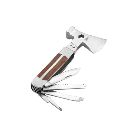 Utensile da escursione multifunzione 11 in 1 con corpo in acciaio inox e manico rivestito in legno