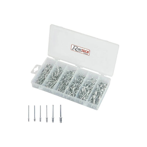 Assortimento rivetti con testa in alluminio e chiodi d'acciaio in cassetta di plastica da 320 pezzi