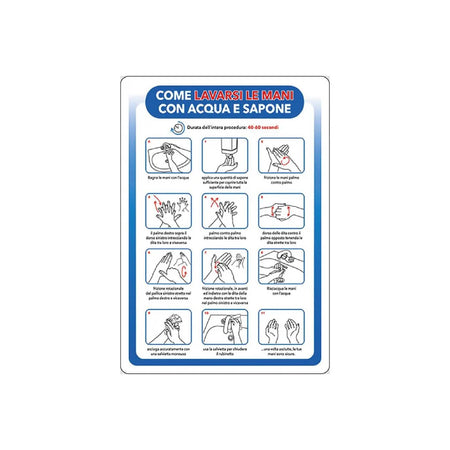 Cartello segnaletico "Come Lavarsi le Mani con Acqua e Sapone" realizzato in alluminio 20 x 30 cm