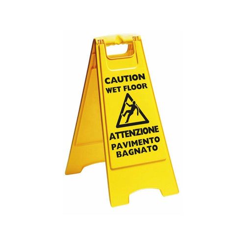 Pannello segnaletico Attenzione Pavimento Bagnato realizzato in plastica di colore giallo