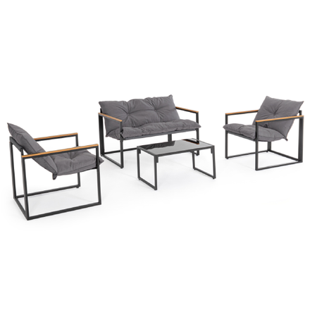 Salottino "Ilda" con poltrone, tavolino e divanetto, struttura in acciaio