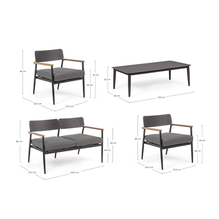 Salottino "Kaspian" con poltrone, tavolino e divanetto, in legno