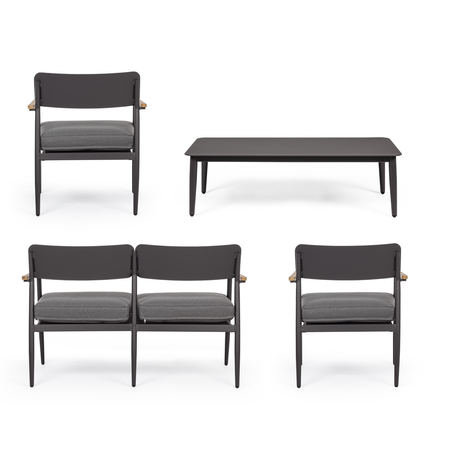 Salottino "Kaspian" con poltrone, tavolino e divanetto, in legno