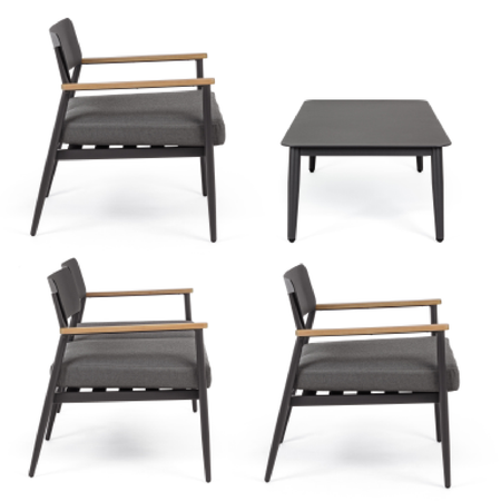 Salottino "Kaspian" con poltrone, tavolino e divanetto, in legno