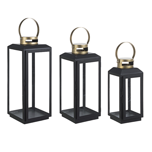 Set 3 Lanterna crissie nero e oro in metallo e vetro da esterno