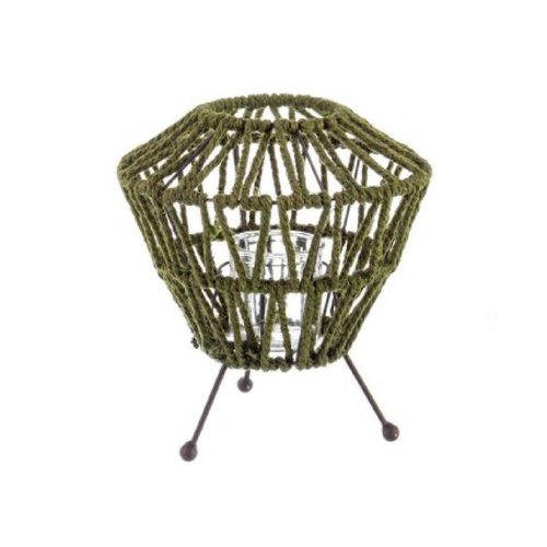 Lanterna Grass tre piedi verde in metallo corda e vetro da esterno