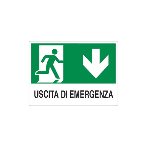 Cartello segnaletico Uscita di Emergenza in basso realizzato in pvc 20 x 30 cm