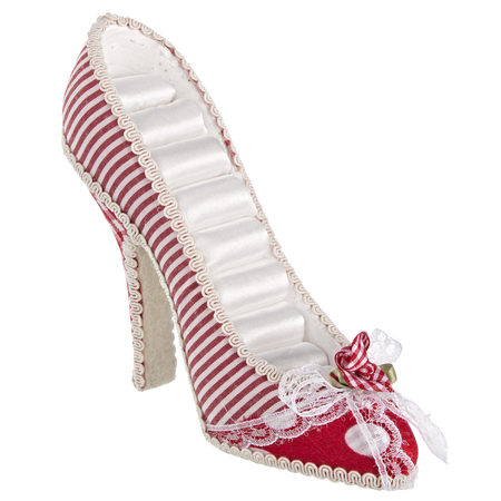 Porta anelli a forma di scarpa  realizzata in poliresina, con rivestimento in  tessuto