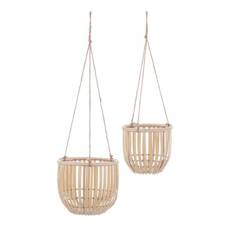 Set 2 cesta sospesa Kenzie tonda in legno di bamboo e corda da esterno