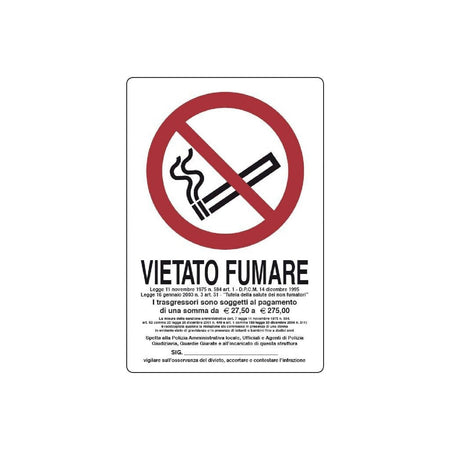 Cartello segnaletico "Vietato Fumare" realizzato in pvc con dimensioni 20 x 30 cm