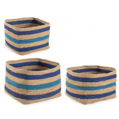 Set 3 Cesta Ylenia quadrata alta naturale e blu da esterno