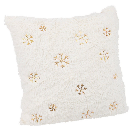 Cuscino glint fiocco di neve oro con misura 45x45 realizzato con rivestimento  95% in poliestere, 5% polietilene, e con imbottitura e retro in 100% poliestere.
