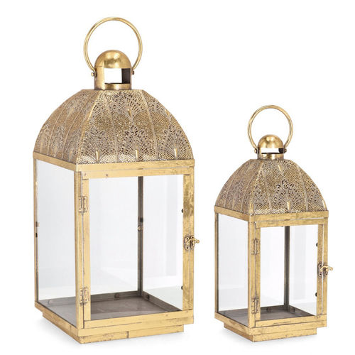 Set da 2 lanterne decorative Larjam in metallo e vetro, color oro