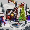 Paesaggio natalizio con Babbo Natale su slitta volante e pattinatori in movimento, led multicolor