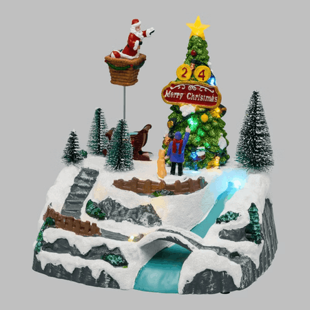 Villaggio di Natale, Albero e Babbo che lo decora in movimento, h 22 cm