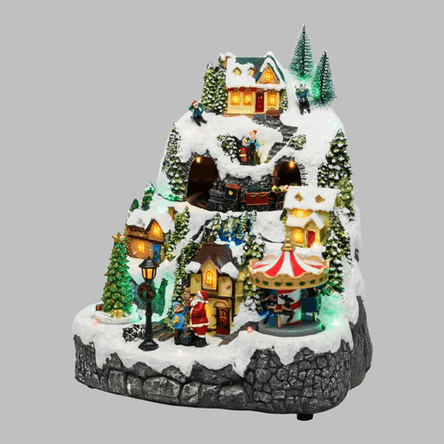 Villaggio di Natale Innevato con Trenino, Albero e Giostra rotanti, h 31 cm, musiche natalizie