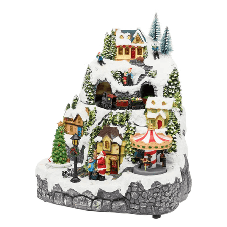 Villaggio di Natale Innevato con Trenino, Albero e Giostra rotanti, h 31 cm, musiche natalizie