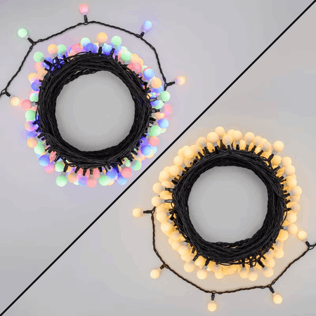 Catena 20 m, 200 minisfere Ø 15 mm, Dual Color LED Bianco Caldo e Multicolo