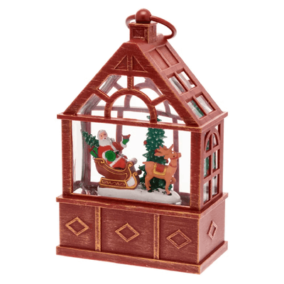 Lanterna Serra con Babbo Natale su slitta e renna, led bianco caldo per decorazioni