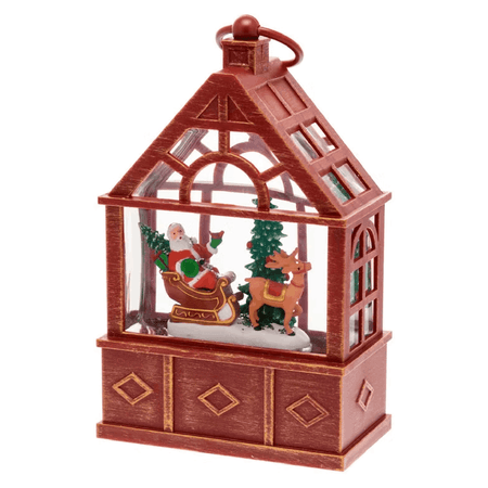Lanterna Serra con Babbo Natale su slitta e renna, led bianco caldo per decorazioni