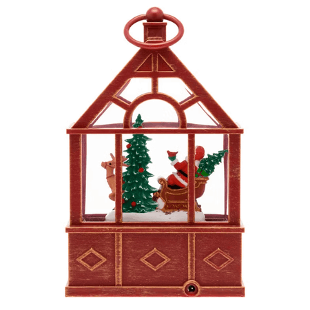 Lanterna Serra con Babbo Natale su slitta e renna, led bianco caldo per decorazioni