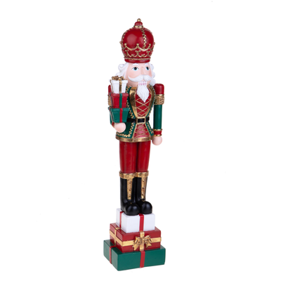 Statuetta soldato schiaccianoci con pacchi in resina per decorazioni natalizie