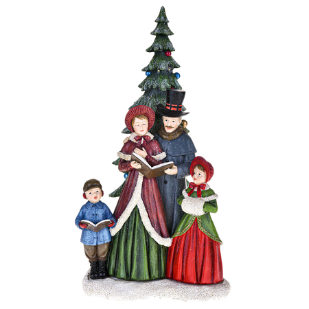 Statuetta albero verde con cantori e led, in resina per decorazioni natalizie