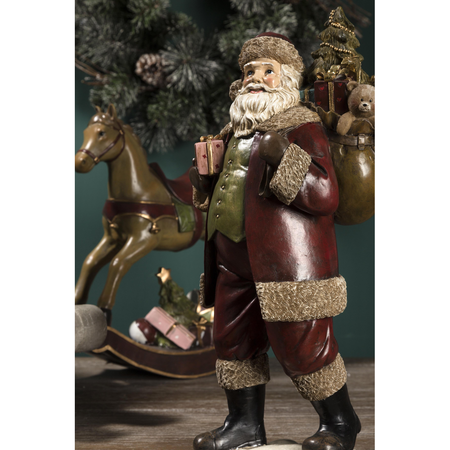 Statuetta babbo natale con sacco in resina per decorazioni natalizie