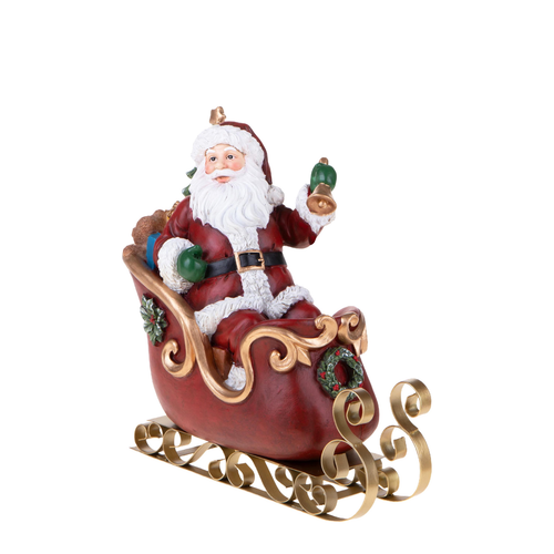 Statuetta babbo natale su slitta in resina per decorazioni natalizie