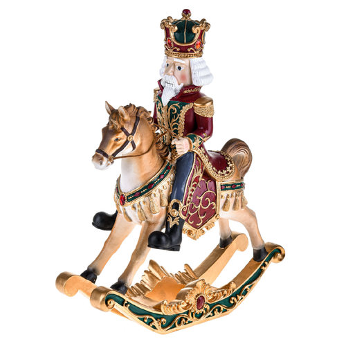 Statuetta cavallo a dondolo con babbo in resina per decorazioni interne