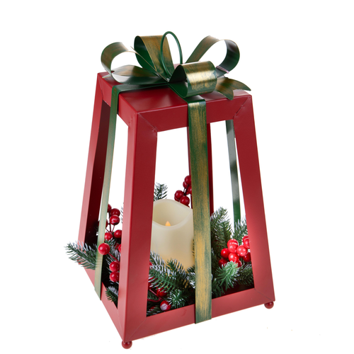 Lanterna con candela e fiocco in metallo e plastica per decorazioni natalizie