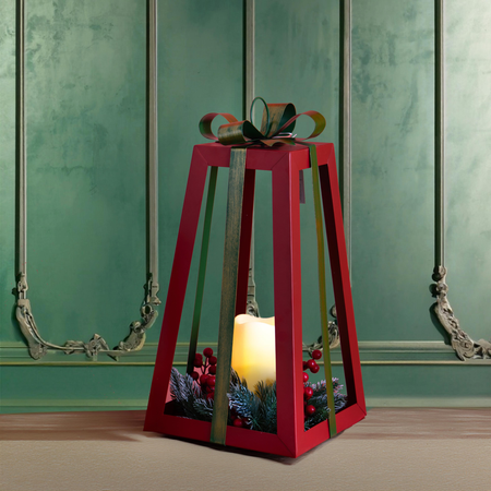 Lanterna con candela e fiocco in metallo e plastica per decorazioni natalizie