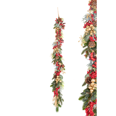 Ramo ghirlanda rossa e oro con decorazione frutti di bosco per interni ed esterni