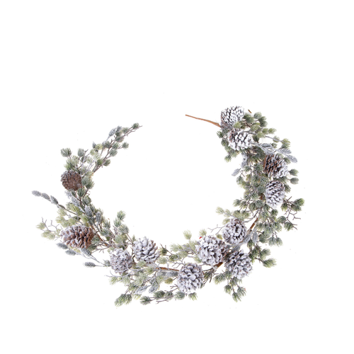 Ghirlanda innevata di pigne verde e bianca per decorazioni natalizie