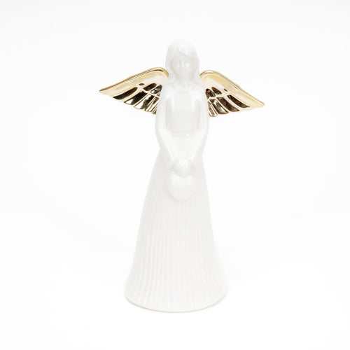 Angelo natalizio decorativo colore bianco e oro statua per presepe h 29 cm