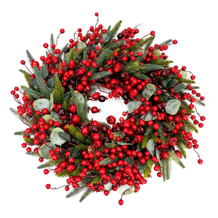 Ghirlanda tonda natalizia con bacche rosse e foglie di eucalipto, dietro porta da  55 cm