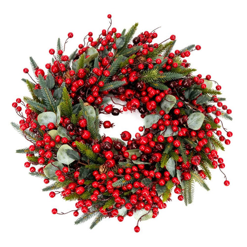 Ghirlanda tonda natalizia con bacche rosse e foglie di eucalipto, dietro porta da  55 cm
