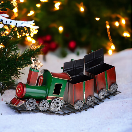 Trenino rosso e verde con pacchi H29 cm per decorazioni natalizie