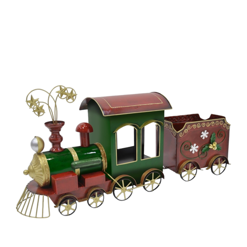 Trenino rosso oro e verde con vagone in metallo H39 cm per decorazioni natalizie