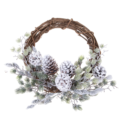 Corona di legno decorata con pigne e neve Ø 46 cm per interni ed esterni
