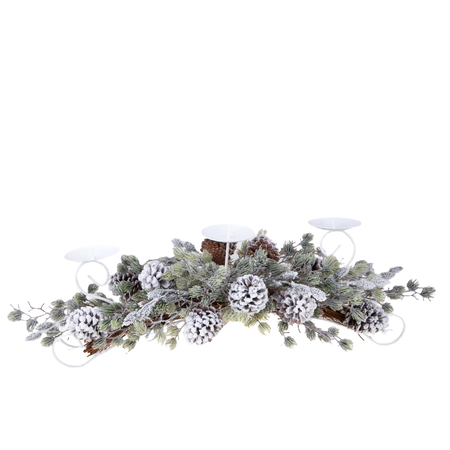 Porta candele x3 innevata con pigne per decorazioni interne H28 cm