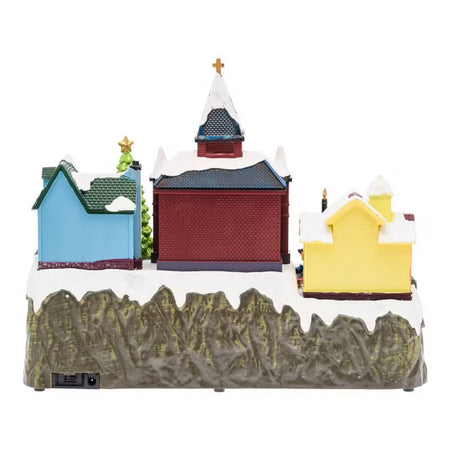 Villaggio Innevato con Chiesa e Trenino, Albero e Giostra per Bambini rotanti, h 27 cm, musiche natalizie
