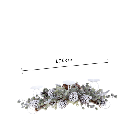 Porta candele x3 innevata con pigne per decorazioni interne H28 cm