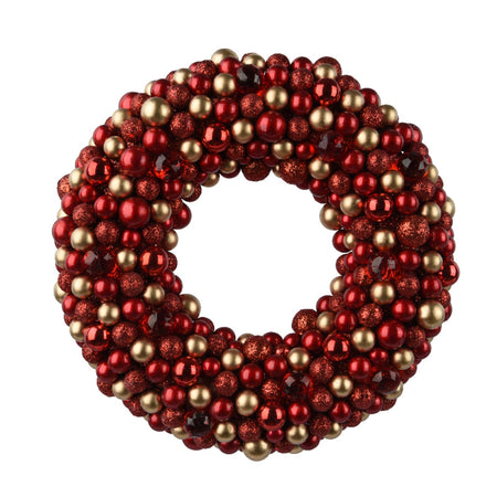 Ghirlanda tonda natalizia con sfere oro e rosse, decorazione per dietro porta