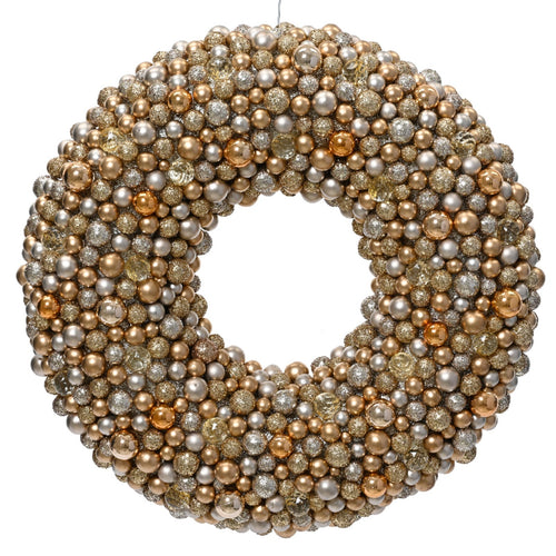 Ghirlanda tonda natalizia con sfere oro e champagne, decorazione per dietro porta