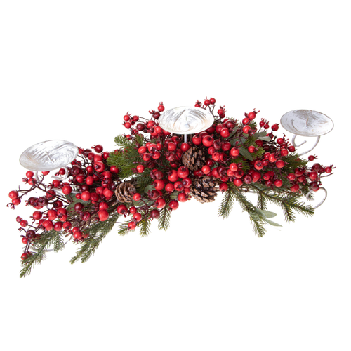 Porta candele x3  con bacche rosse per decorazioni natalizie