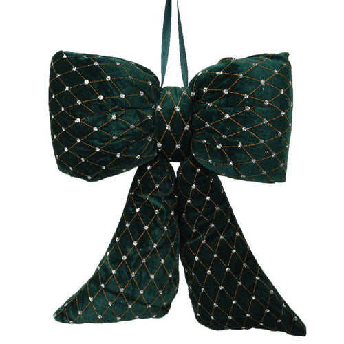 Fiocco in velluto verde scuro con ricami oro decorazione natalizia da appendere, da 30cm