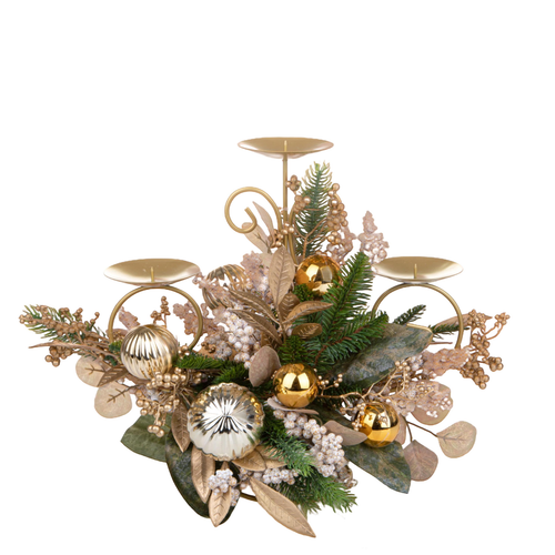 Porta candele in metallo e plastica  x3 oro con palline per decorazioni natalizie