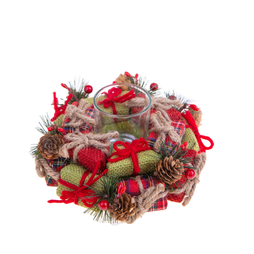 Porta candela con decorazioni pacchi regalo e pigne per interni H6 cm