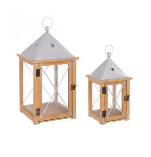 Set 2 Lanterna beatific bassa in acciaio e legno di abete  da esterno